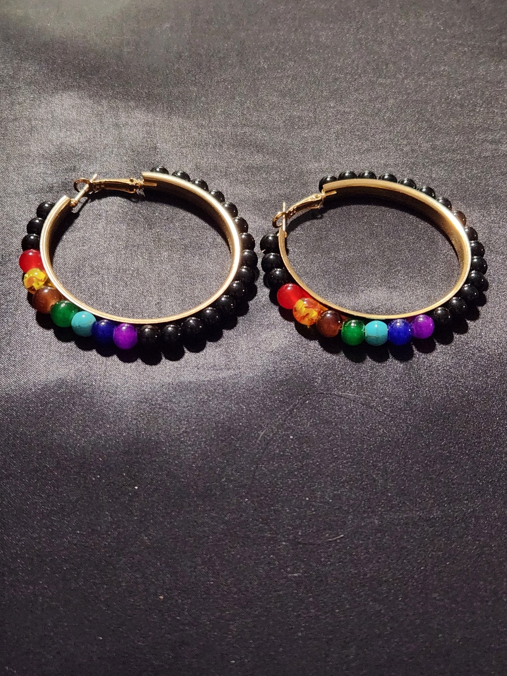 Gold Hoop Earrings with Black and Multicolor Beads